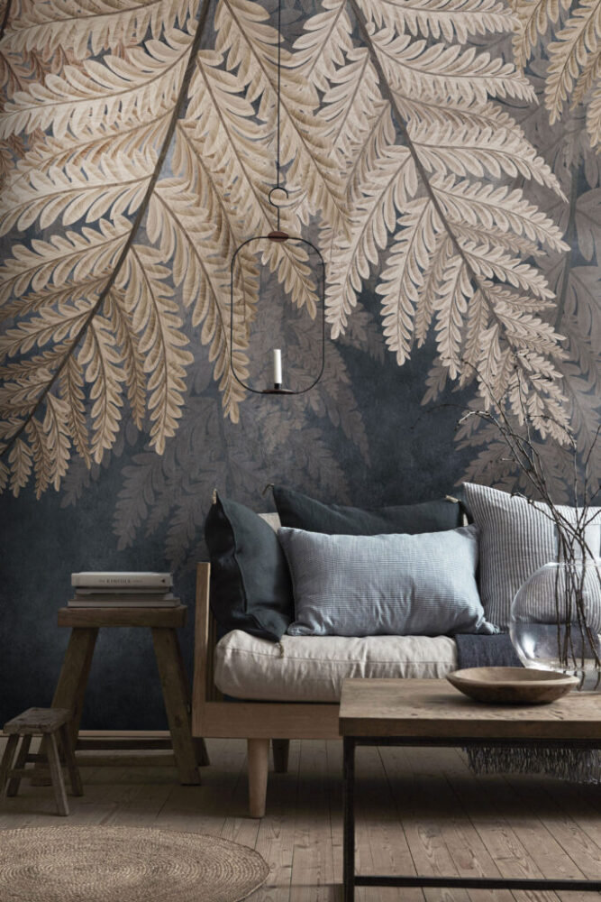 Golden Fern Wallpaper : Dark Hanging Leaves Mural - View 5