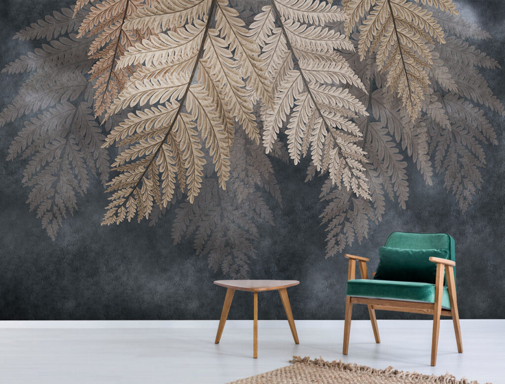 Golden Fern Wallpaper : Dark Hanging Leaves Mural - View 4