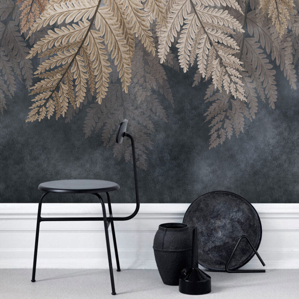 Golden Fern Wallpaper : Dark Hanging Leaves Mural - View 2