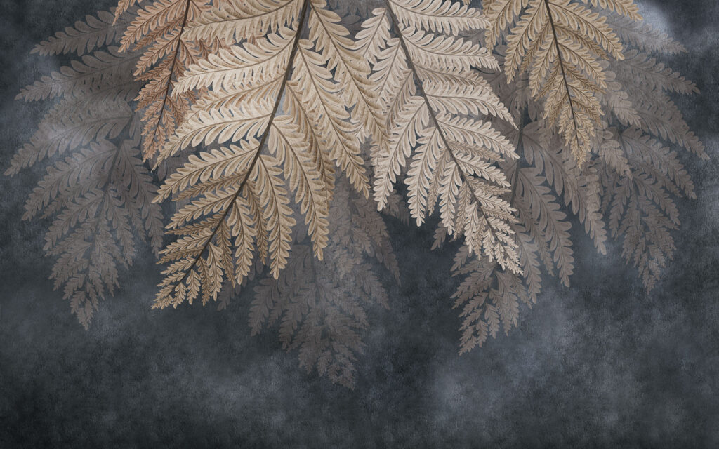 Golden Fern Wallpaper : Dark Hanging Leaves Mural - flat design