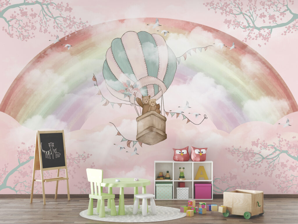Rainbow Bear Wallpaper : Teddy Bears in Hot Air Balloon Mural - View 2
