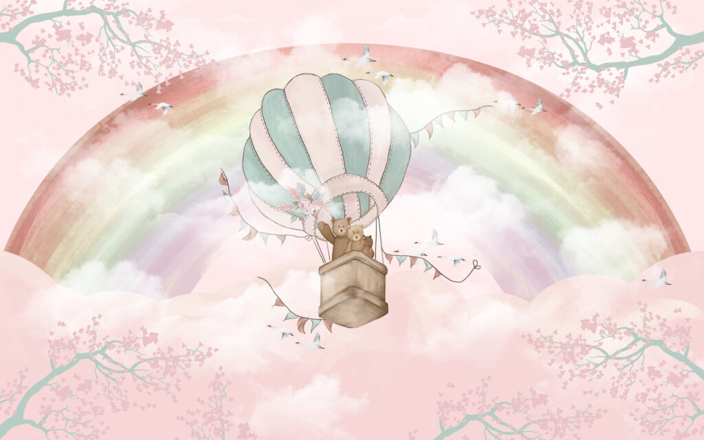 Rainbow Bear Wallpaper : Teddy Bears in Hot Air Balloon Mural - flat design