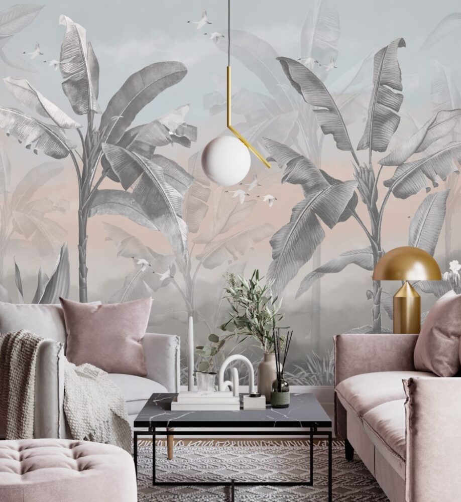 Misty Banana Palm Wallpaper : Grey and Blush Tropical Mural