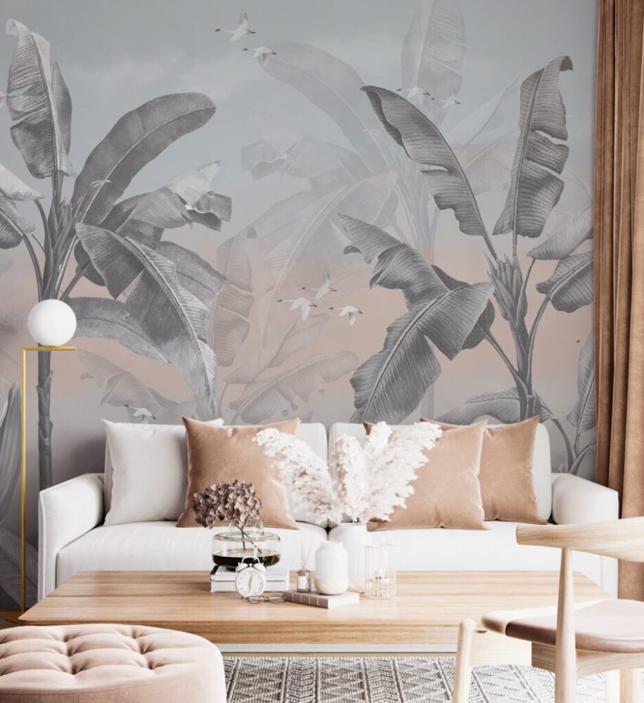 Misty Banana Palm Wallpaper : Grey and Blush Tropical Mural - View 5