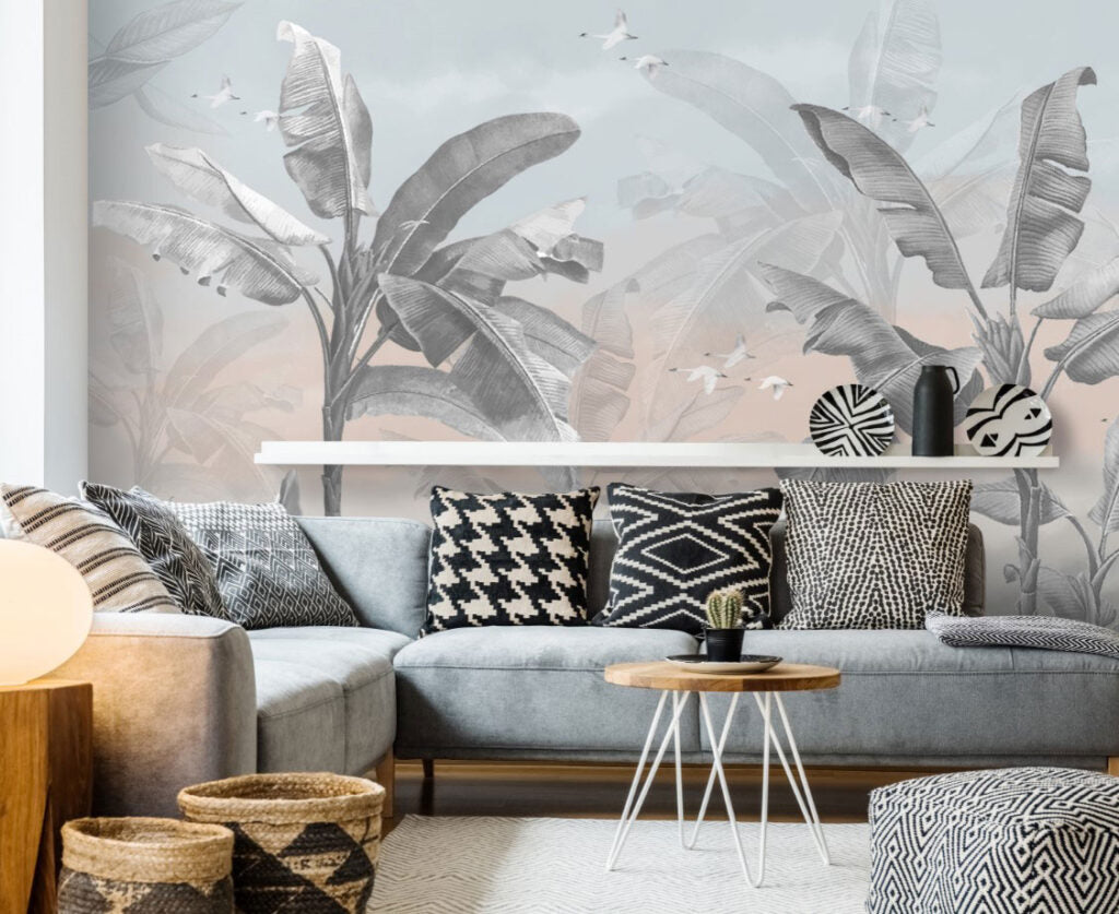 Misty Banana Palm Wallpaper : Grey and Blush Tropical Mural - View 2