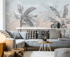Misty Banana Palm Wallpaper : Grey and Blush Tropical Mural - View 2