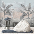 Misty Banana Palm Wallpaper : Grey and Blush Tropical Mural - View 3