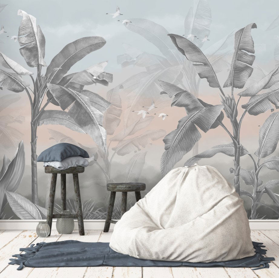 Misty Banana Palm Wallpaper : Grey and Blush Tropical Mural - View 3