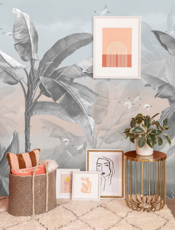 Misty Banana Palm Wallpaper : Grey and Blush Tropical Mural - View 4
