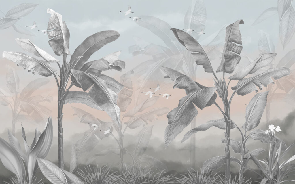 Misty Banana Palm Wallpaper : Grey and Blush Tropical Mural - flat design