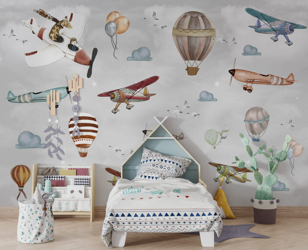 Flying Giraffe Wallpaper : Vintage Planes and Balloons Mural