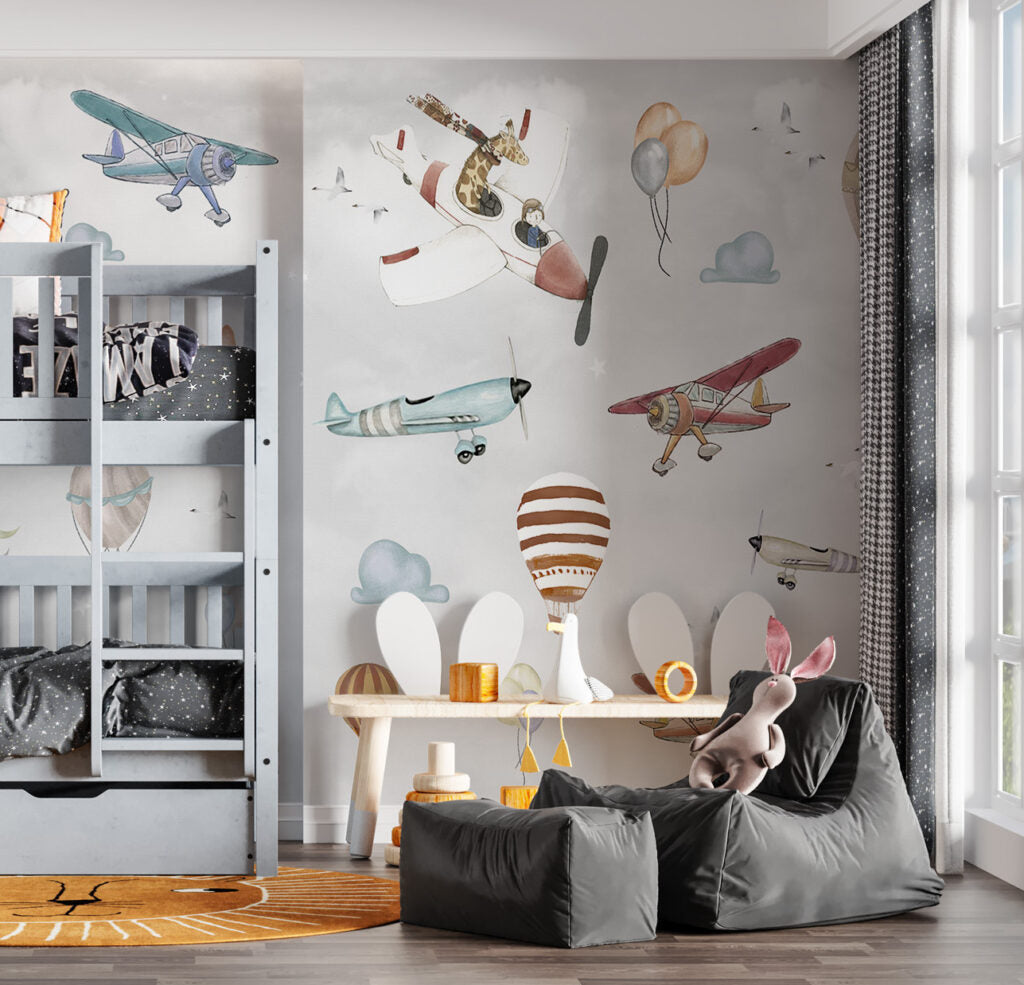 Flying Giraffe Wallpaper : Vintage Planes and Balloons Mural - View 2