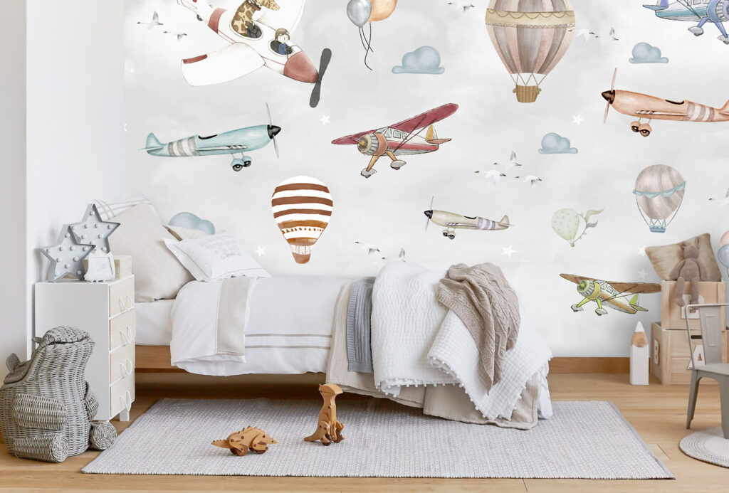 Flying Giraffe Wallpaper : Vintage Planes and Balloons Mural - View 3