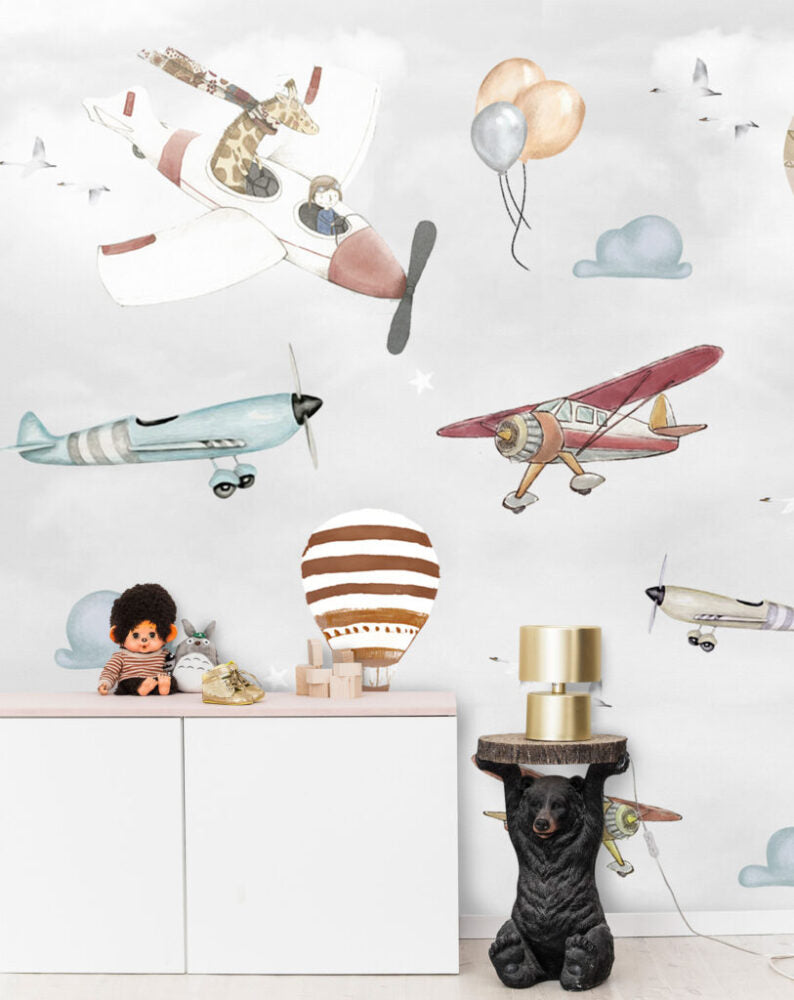 Flying Giraffe Wallpaper : Vintage Planes and Balloons Mural - View 5