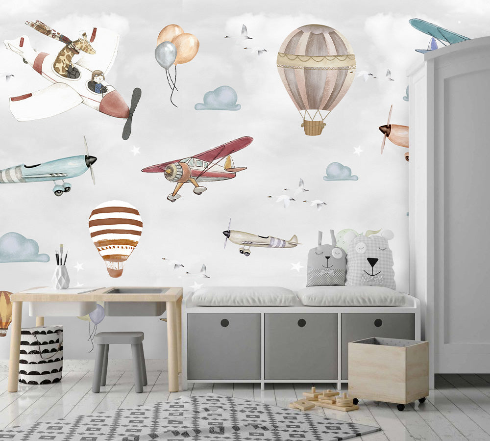 Flying Giraffe Wallpaper : Vintage Planes and Balloons Mural - View 4