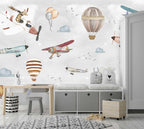 Flying Giraffe Wallpaper : Vintage Planes and Balloons Mural - View 4