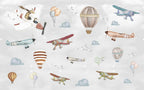Flying Giraffe Wallpaper : Vintage Planes and Balloons Mural - flat design