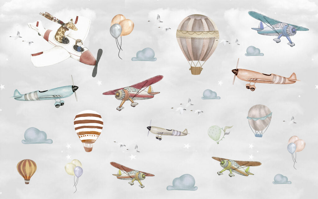 Flying Giraffe Wallpaper : Vintage Planes and Balloons Mural - flat design
