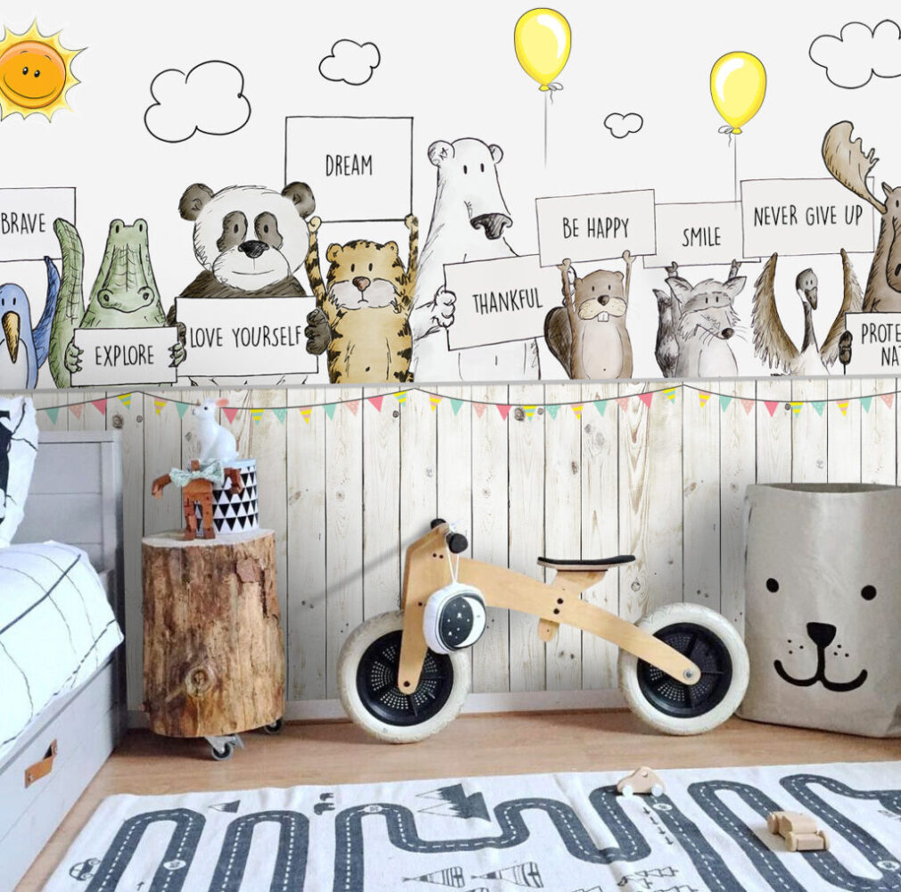 Garden Animals Wallpaper : Cartoon Friends Over the Fence Mural - View 5