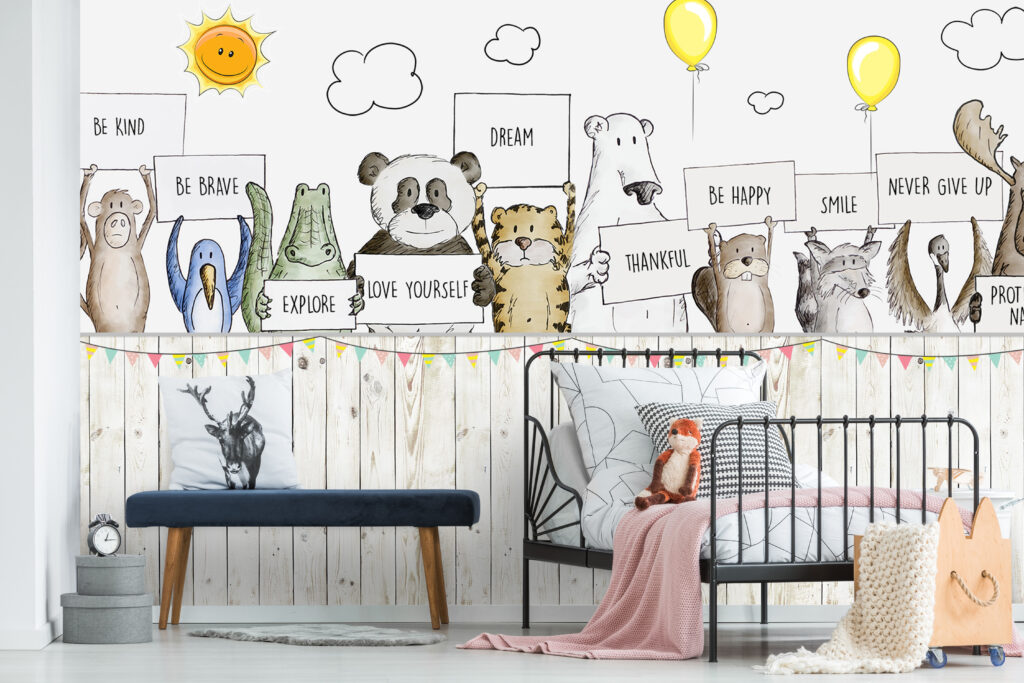 Garden Animals Wallpaper : Cartoon Friends Over the Fence Mural - View 3