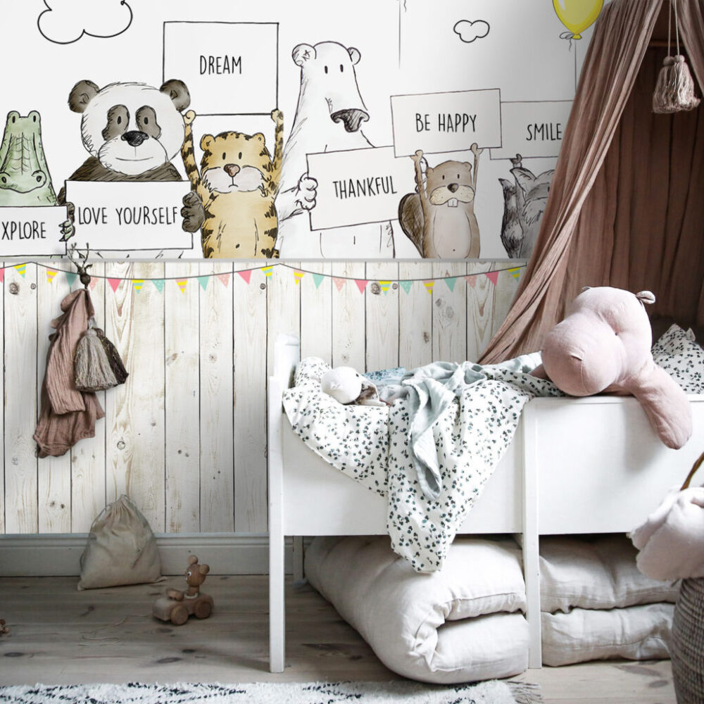 Garden Animals Wallpaper : Cartoon Friends Over the Fence Mural - View 2