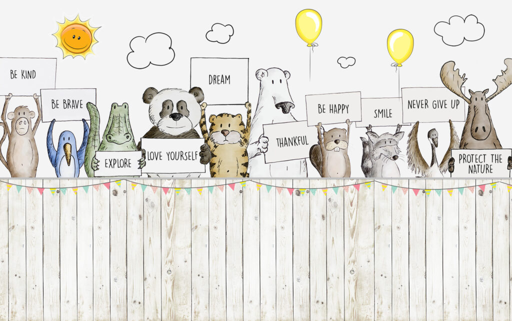 Garden Animals Wallpaper : Cartoon Friends Over the Fence Mural - flat design