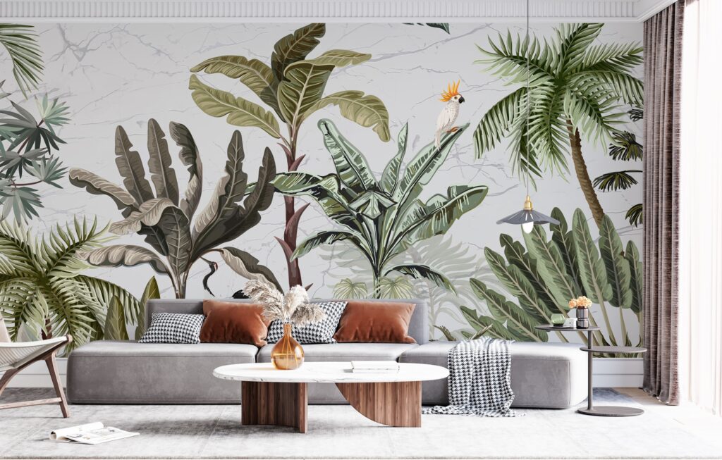Parrot Palm Wallpaper : Vintage Tropical Garden Mural - View 2