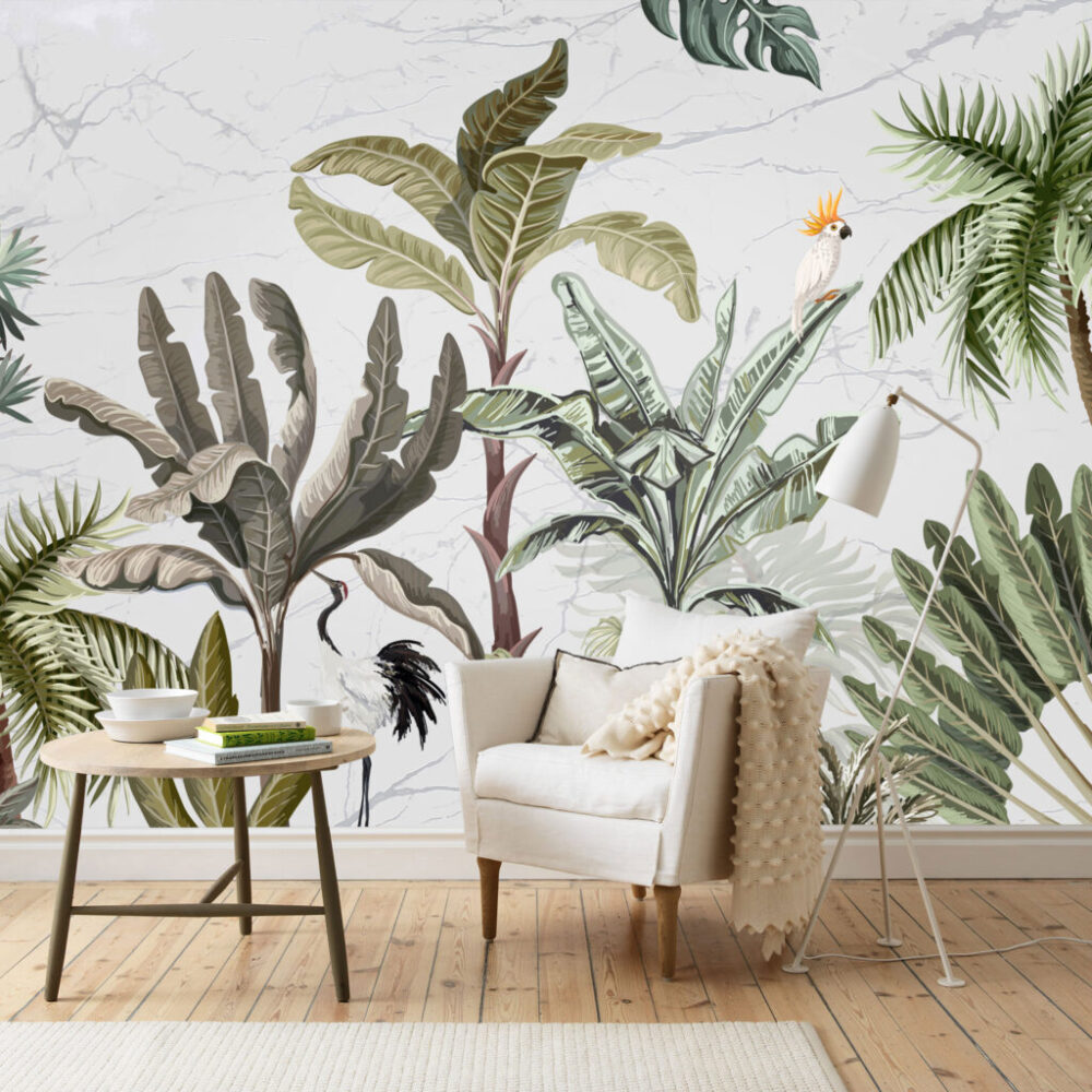 Parrot Palm Wallpaper : Vintage Tropical Garden Mural - View 4