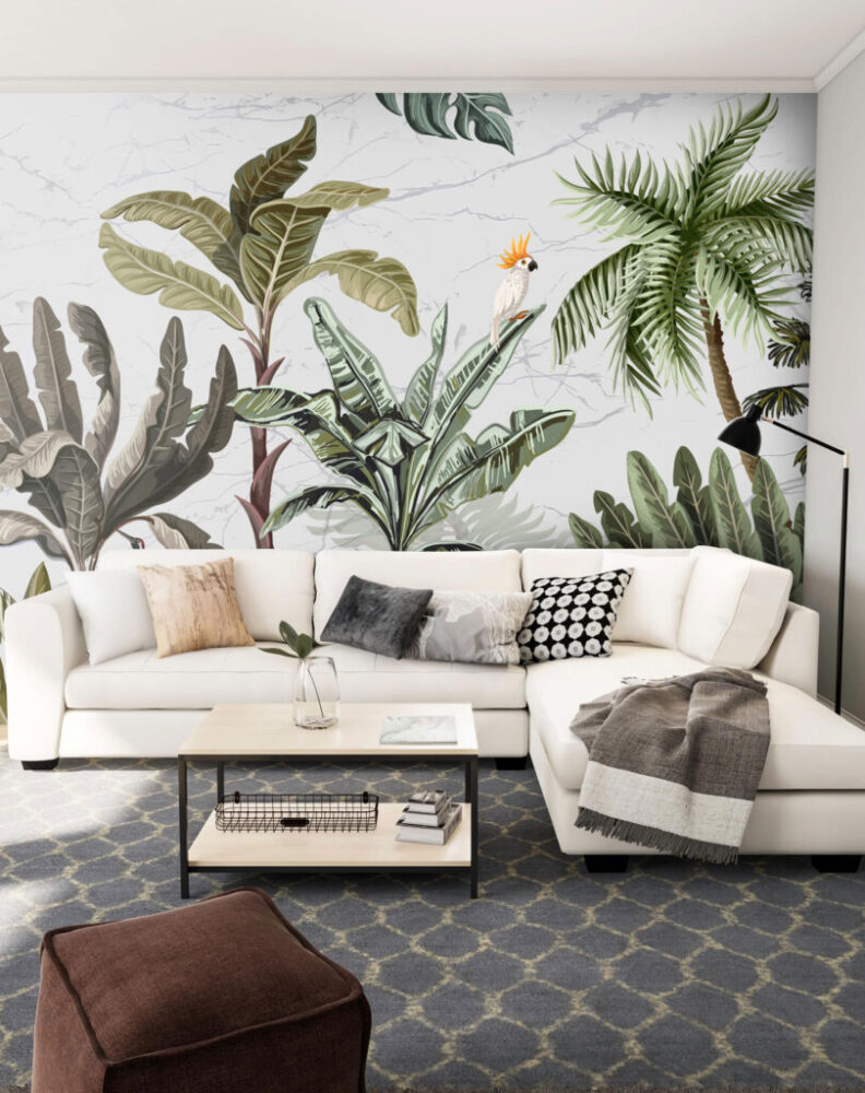 Parrot Palm Wallpaper : Vintage Tropical Garden Mural - View 3