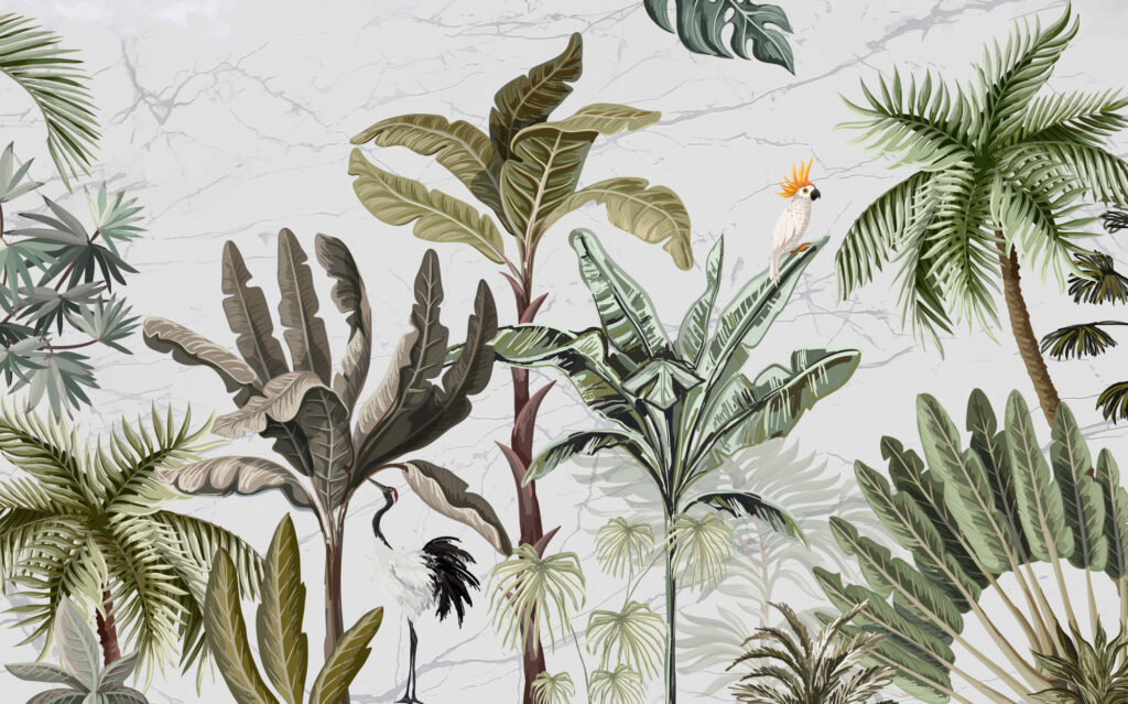 Parrot Palm Wallpaper : Vintage Tropical Garden Mural - flat design