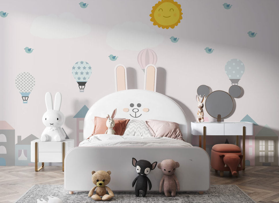Pastel Town Wallpaper : Hot Air Balloons and Sun Nursery Mural