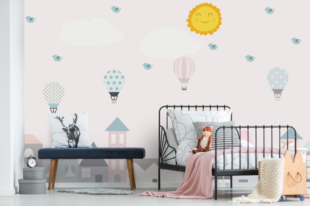 Pastel Town Wallpaper : Hot Air Balloons and Sun Nursery Mural - View 2