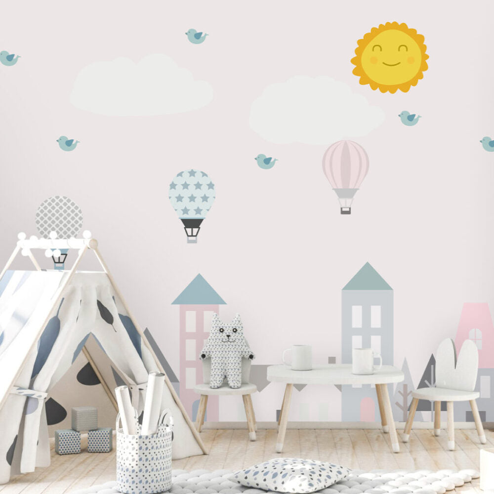 Pastel Town Wallpaper : Hot Air Balloons and Sun Nursery Mural - View 5
