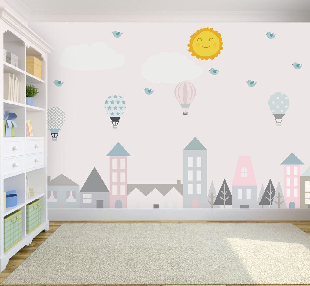 Pastel Town Wallpaper : Hot Air Balloons and Sun Nursery Mural - View 4