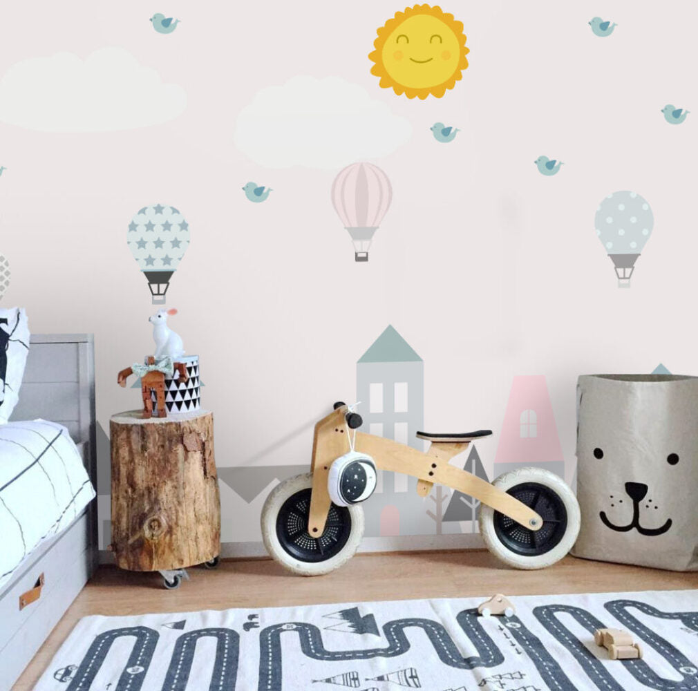 Pastel Town Wallpaper : Hot Air Balloons and Sun Nursery Mural - View 3