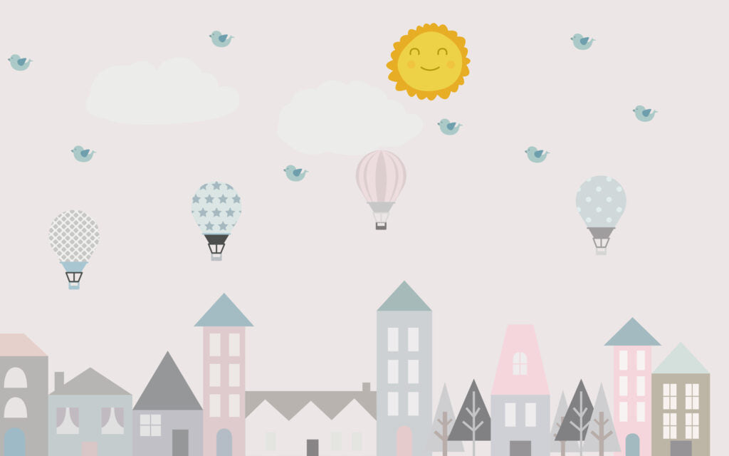 Pastel Town Wallpaper : Hot Air Balloons and Sun Nursery Mural - flat design