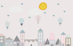 Pastel Town Wallpaper : Hot Air Balloons and Sun Nursery Mural - flat design
