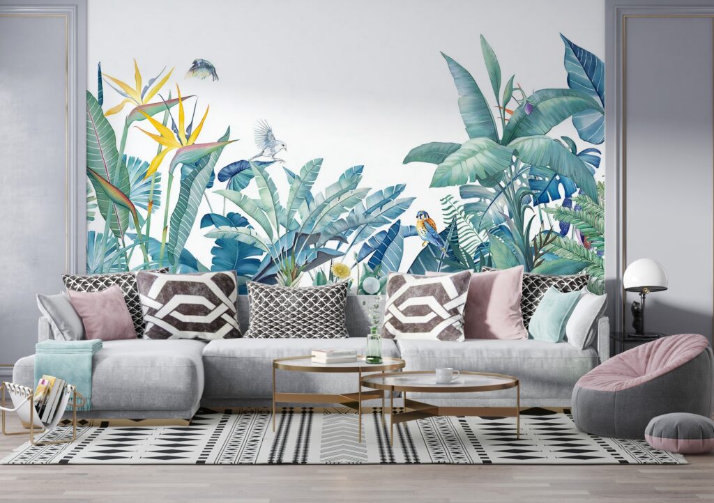 Blue Tropical Bird Wallpaper : Teal Leaves and Parrots Mural