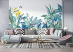 Blue Tropical Bird Wallpaper : Teal Leaves and Parrots Mural