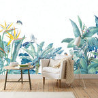 Blue Tropical Bird Wallpaper : Teal Leaves and Parrots Mural - View 2