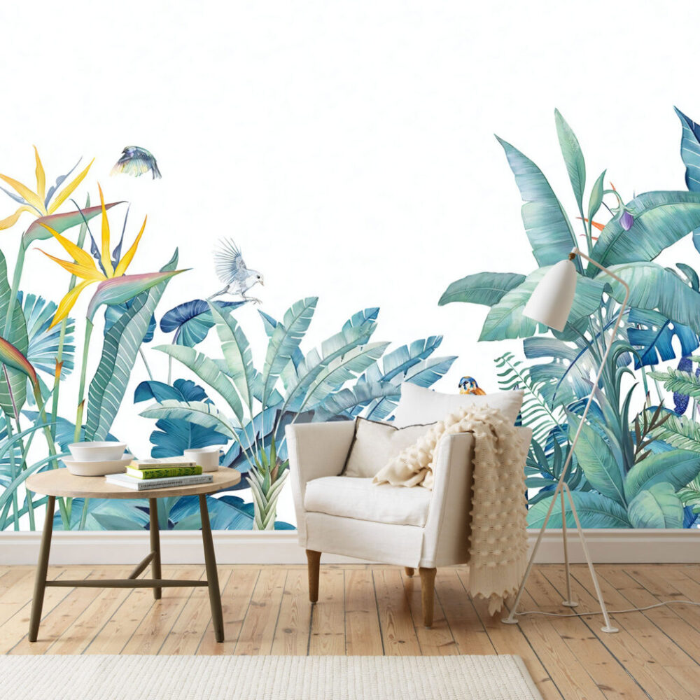 Blue Tropical Bird Wallpaper : Teal Leaves and Parrots Mural - View 2