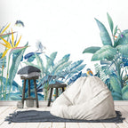 Blue Tropical Bird Wallpaper : Teal Leaves and Parrots Mural - View 3