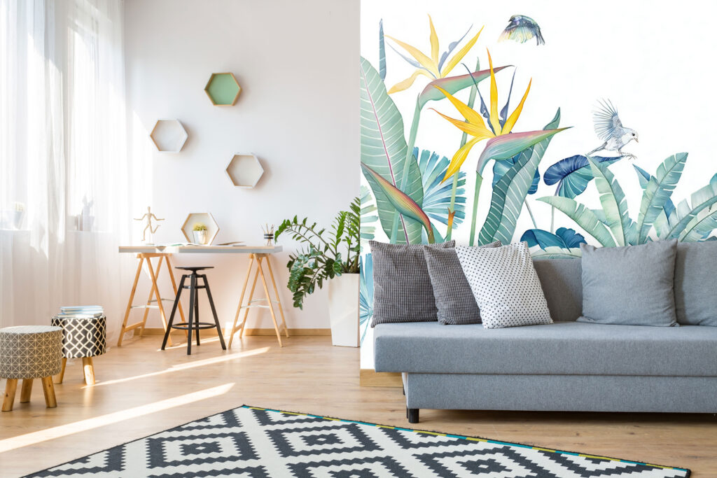 Blue Tropical Bird Wallpaper : Teal Leaves and Parrots Mural - View 4