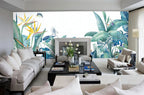 Blue Tropical Bird Wallpaper : Teal Leaves and Parrots Mural - View 5