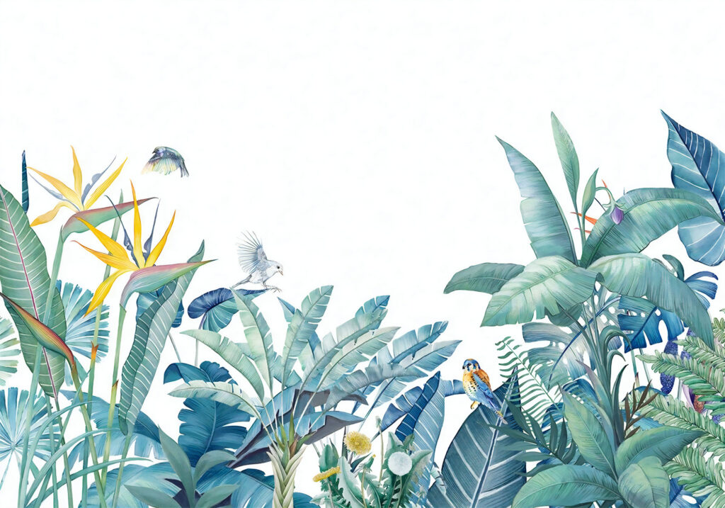 Blue Tropical Bird Wallpaper : Teal Leaves and Parrots Mural - flat design