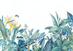 Blue Tropical Bird Wallpaper : Teal Leaves and Parrots Mural - flat design