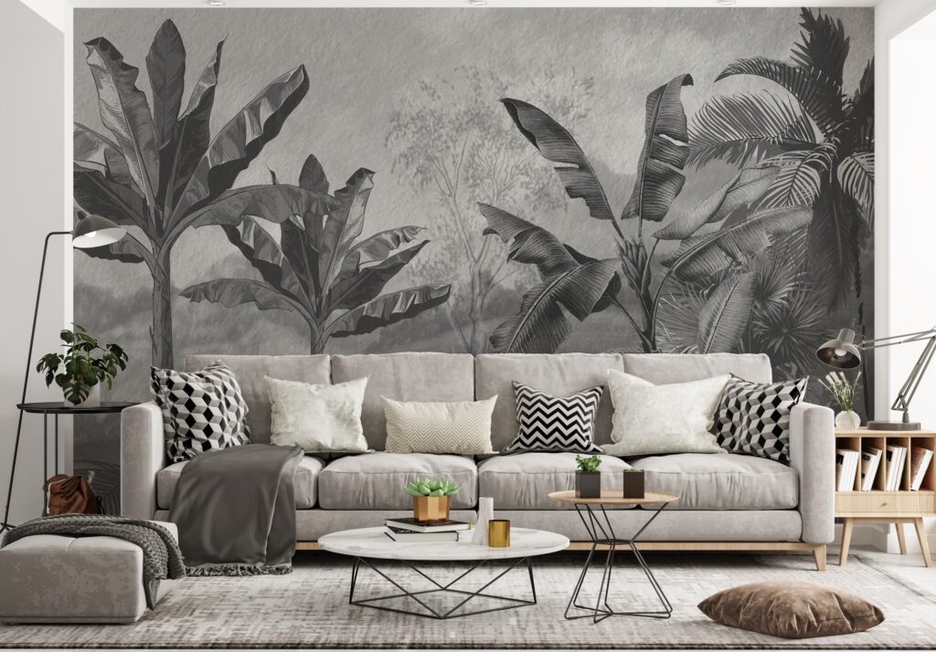 Grey Jungle Wallpaper : Monochrome Banana Forest Mural