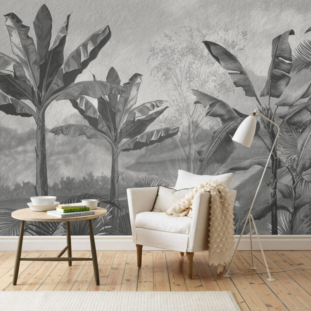 Grey Jungle Wallpaper : Monochrome Banana Forest Mural - View 4
