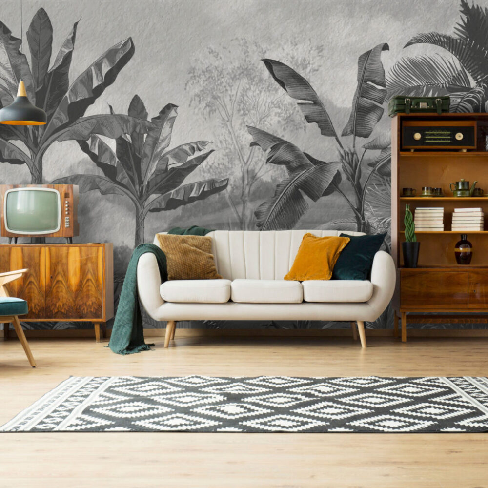 Grey Jungle Wallpaper : Monochrome Banana Forest Mural - View 5