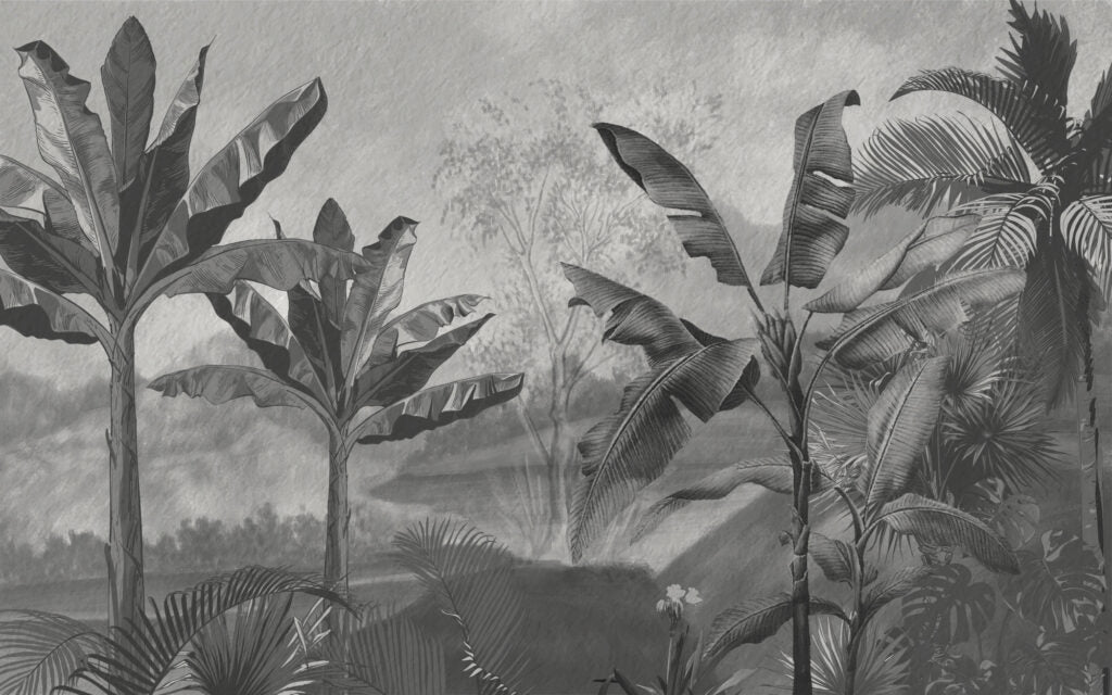 Grey Jungle Wallpaper : Monochrome Banana Forest Mural - flat design